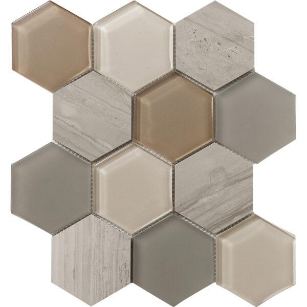 WEB Stone Glass Blend Dune Polished Hex with Glass 12x12 1