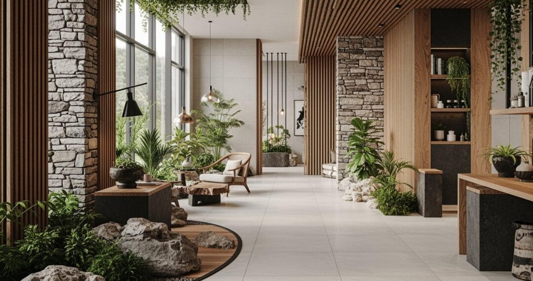 create an environment in the style of interior design Geomatter, with porcelanates on the floor and wall, explore natural textures such as stone, wood, stoned cement and the biophilia