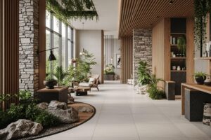 create an environment in the style of interior design Geomatter, with porcelanates on the floor and wall, explore natural textures such as stone, wood, stoned cement and the biophilia